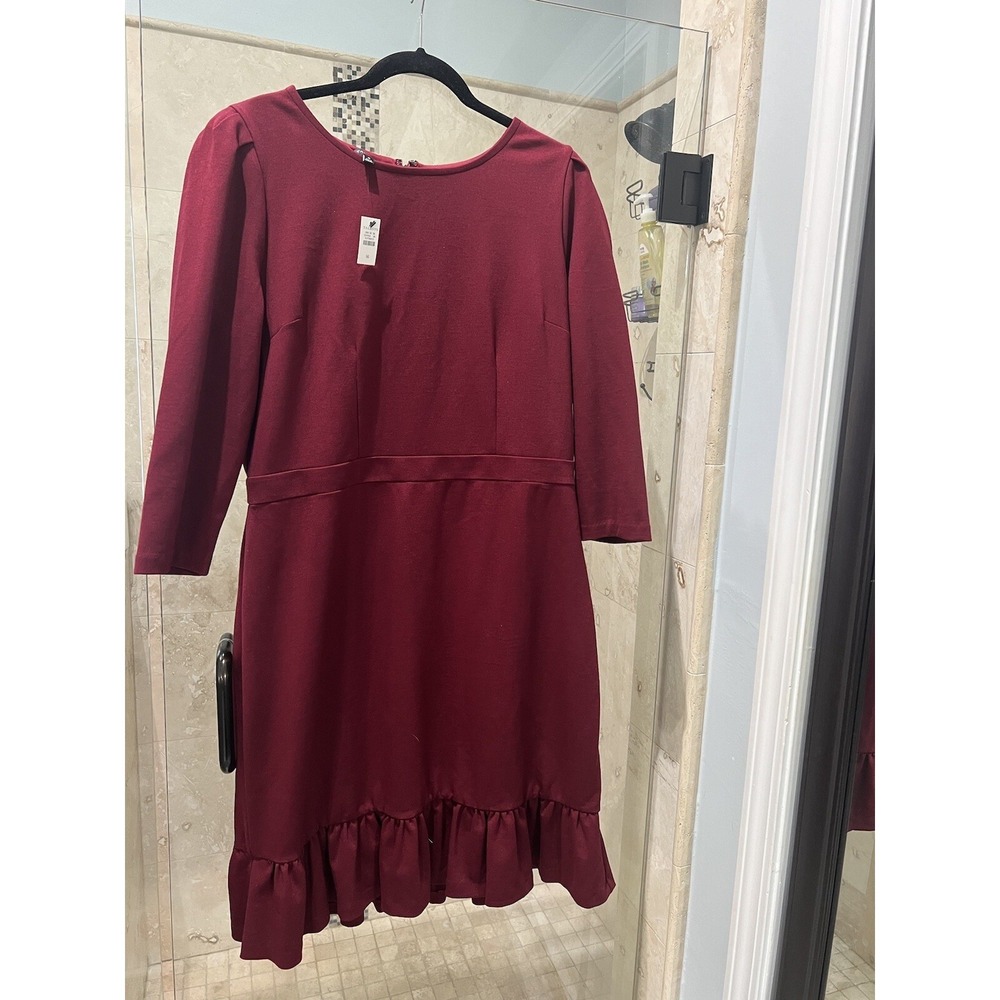 Talbots Burgundy Ponte Sheath Dress 16 Wine Flutter Hem NWT 3/4 Sleeve Midi